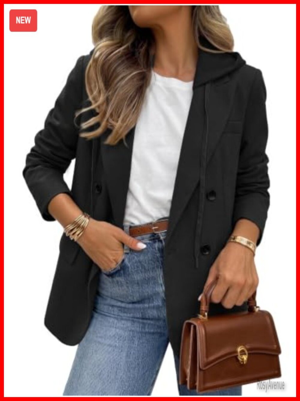 Women's Tweed Hooded Plaid Blazer Oversized Double Breasted Jacket
